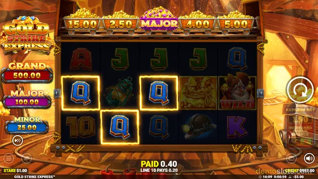 A gold mining-themed slot game shows a 5x3 reel grid with a winning combination of Q symbols highlighted in gold, with mine cart jackpot values above the reels.