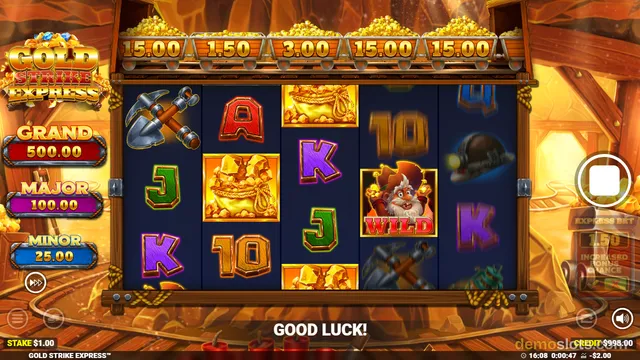 A 5x4 slot game grid with mining-themed symbols sits beneath a top row of mine carts displaying values, with jackpot labels on the left.