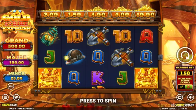 A 5x3 slot game titled Gold Strike Express shows a mining-themed reel grid with symbols like lanterns, pickaxes, and gold nuggets, with jackpot values displayed above.