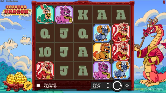 A 5x4 slot grid showing cartoon animals and letter symbols, with a large red dragon character standing on the right side of the screen.