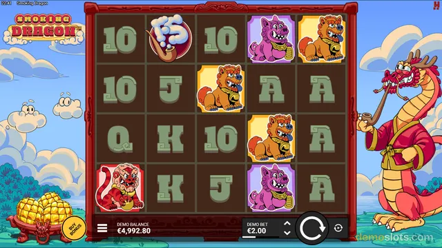 A 5x4 slot game grid titled Snorting Dragon shows a mix of letter symbols and cartoon animal characters, with a large red dragon standing to the right of the reels.