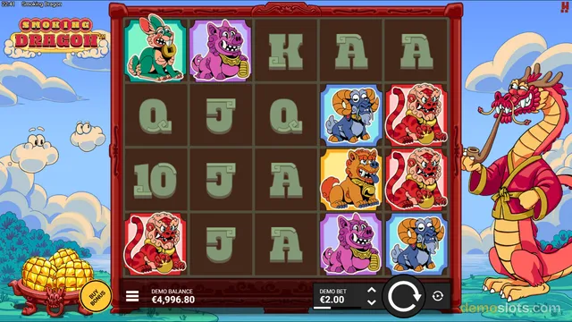 A 5x4 slot game grid with cartoon animal symbols and a large red dragon character standing to the right of the reels.