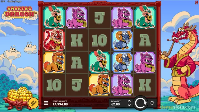 A 5x4 slot game grid titled Smoking Dragon shows cartoon animal symbols on a bright blue sky background with a red dragon character standing to the right.