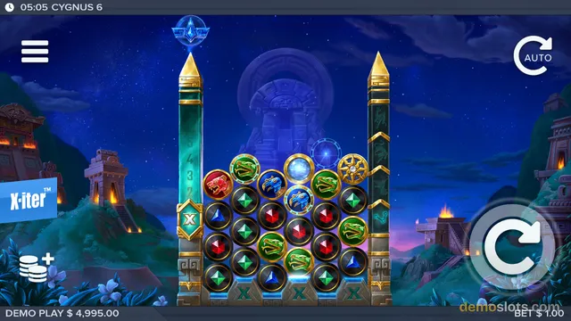 A screenshot of a cluster-style slot game featuring a pyramid-shaped grid of symbols against a night-time temple background.
