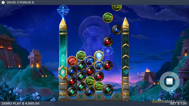 A screenshot of a slot game featuring a cluster of circular symbols on a central grid with an ancient temple background.