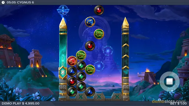 A video slot game with a mystical night theme featuring a central column of falling symbols flanked by two tall obelisks against a starry background.