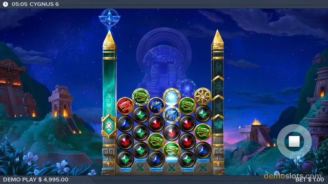 A slot game screen showing a grid of colorful symbols set against a dark blue night background with pyramids.