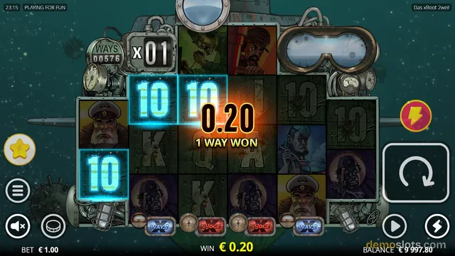 A steampunk-themed slot game grid displays a win of 0.20 with glowing blue '10' symbols highlighted on a dark, industrial background.