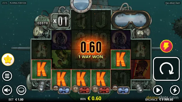 A steampunk-themed slot game screen showing a 5x3 grid with a 0.60 win displayed in the center.
