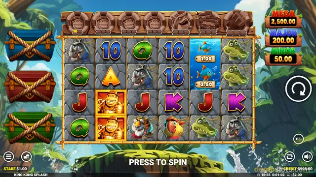 A 6x4 slot grid in a jungle setting displays a mix of animal and letter symbols with a winning line on the second column.