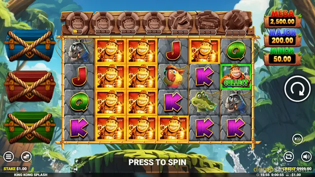 A 6x4 grid slot game interface showing a jungle theme with various animal symbols and a 'press to spin' button at the bottom.