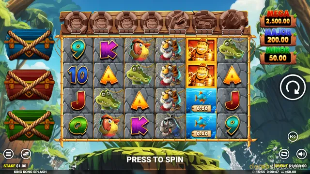 A 6x4 grid of a jungle-themed slot game displays a mix of animal and card symbols with a 'PRESS TO SPIN' prompt at the bottom.