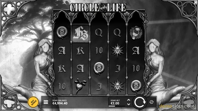 A black-and-white slot machine interface for the game 'Circle of Life' displaying a 5x4 grid of symbols flanked by illustrations of faceless female figures.