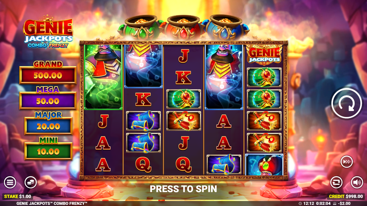 A slot game titled Genie Jackpots Combo Frenzy shows a 5-reel grid with symbols including a genie, magic lamps, and playing card letters.