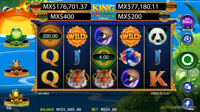 A 5-reel slot game titled King of FROG Animals shows a settled grid with symbols including wilds, tigers, pandas, and card letters.