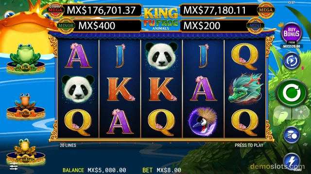 The slot game King Puff Frog Animals shows a 5x3 grid of symbols including pandas, letters, and a dragon, with jackpot values displayed above the reels.