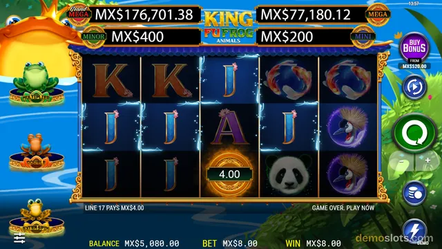 A 5x3 slot game grid titled King Puff Frog Animals shows a winning line of J symbols paying 4.00, with jackpot banners above and frog characters on the left.