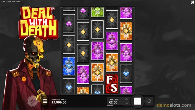 A slot game titled Deal with Death shows a 5x5 grid of symbols with a robot-like skull character in a red suit on the left.