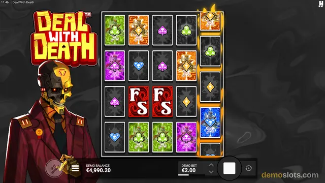 A slot game titled Deal with Death shows a 5x5 grid of symbols with a skull-headed character in a red suit on the left.
