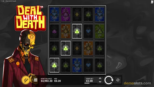 A slot game titled Deal with Death shows a 5x4 grid of playing-card symbols on a dark background, with a skeletal character in a red suit on the left.