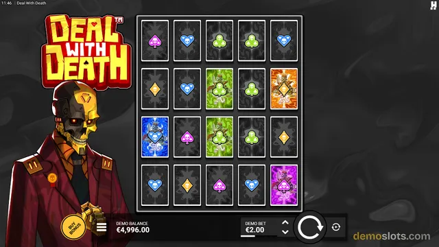 A 5x4 slot game grid titled Deal with Death is displayed with a stylized skull character in a red suit on the left, showing a demo balance of €4,996.00 and a demo bet of €2.00.