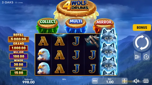 A slot game titled 4 Wolf Drums shows a 5x3 grid with wolf, eagle, ace, jack, and axe symbols, with three glowing drums above the reels and jackpot labels on the left.
