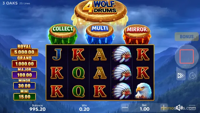 A 5x3 slot game grid titled 4 Wolf Drums shows a settled spin with four drums above the reels and a win of 0.20.