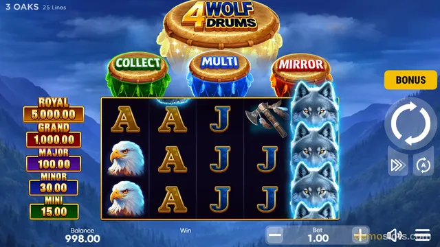 A slot game titled 4 Wolf Drums shows a 5x4 grid of symbols including wolves, eagles, and letters, with three drums labeled COLLECT, MULTI, and MIRROR above the reels.