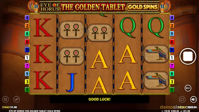 A 5x3 slot grid titled Eye of Horus The Golden Tablet Gold Spins shows symbols including red Ks, blue J, yellow A, green Q, ankh symbols, and a bird icon.