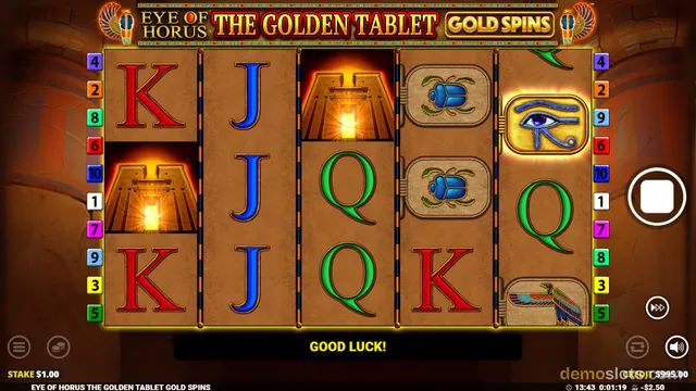 A settled 5x3 slot grid titled Eye of Horus The Golden Tablet Gold Spins, showing Egyptian-themed symbols on a parchment-style background with a round spin button on the right.