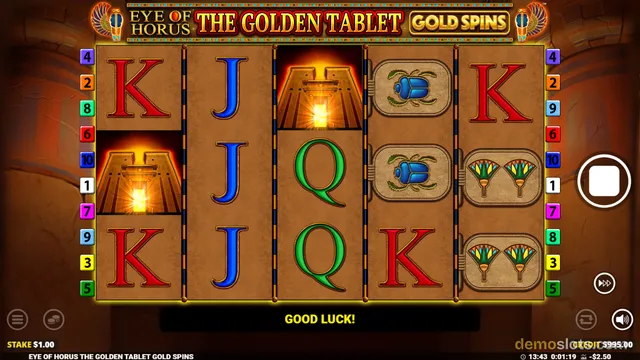A 5x3 Egyptian-themed slot game shows a settled reel grid with golden tablet symbols, scarabs, and playing card letters.