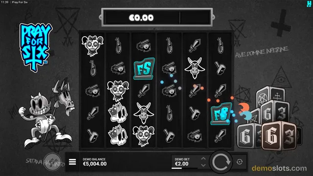 A slot game titled Pray For Six shows a dark reel grid with occult-themed symbols, a cartoon devil character on the left, and dice cubes on the right.
