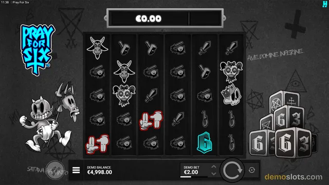 A dark slot game grid showing six reels with occult-themed symbols and a winning line highlighted in red.