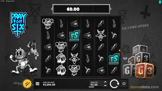 A dark-themed slot game called Pray For Six shows a 6-reel grid with symbols like skulls, daggers, and a blue FS badge, with a cartoon demon character on the left and dice on the right.