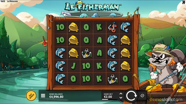 A slot game screen titled Le Fisherman showing a 5x5 grid of symbols on a wooden frame against a lake and hill background, with a cartoon fisherman character on the right and a demo balance of €4,996.80 at the bottom.