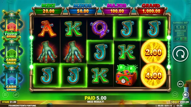 A 5x3 slot grid shows a winning combination of letter symbols and coin icons against a dark background with green electrical effects.