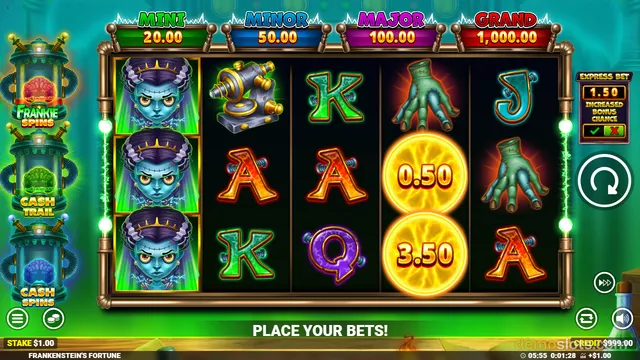A fully rendered 5-reel, 3-row slot game screen titled 'Frankenstein's Fortune' showing a settled grid with a Frankenstein bride on the first reel and the message 'PLACE YOUR BETS!' at the bottom.