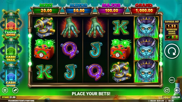 A 5-reel slot game screen showing a settled grid of symbols including a Frankenstein bride, green hands, and electrical devices, with a 'Place Your Bets!' banner across the bottom.