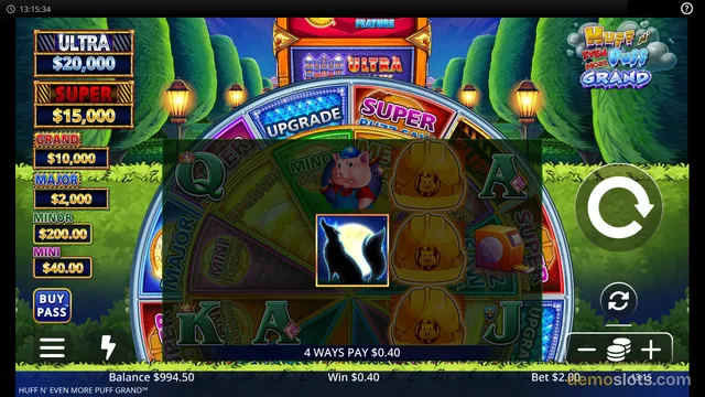 A slot game screen showing a 4x3 grid of symbols with a pig character, golden piggy banks, and playing card letters, with a win of $0.40 and a balance of $994.50.