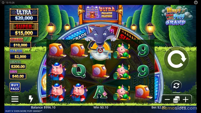 A settled 5x3 reel grid in a slot game showing pigs, a wolf, and various symbols, with a large circular wheel behind the reels and a jackpot ladder on the left.