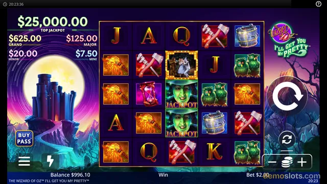 A fully rendered 5x4 slot grid displaying a settled combination of wizard-themed symbols, including a central jackpot feature and a dragon, set against a purple moonlit background.