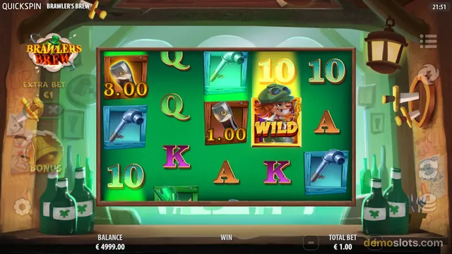 A 5x4 slot game grid showing symbols like a mug, a pipe, a wild character, and card letters, set against a tavern background.