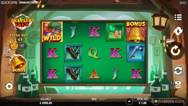 A 4x3 slot game grid titled Brawler's Brew shows symbols including a wild, a bonus bell, and various letters.
