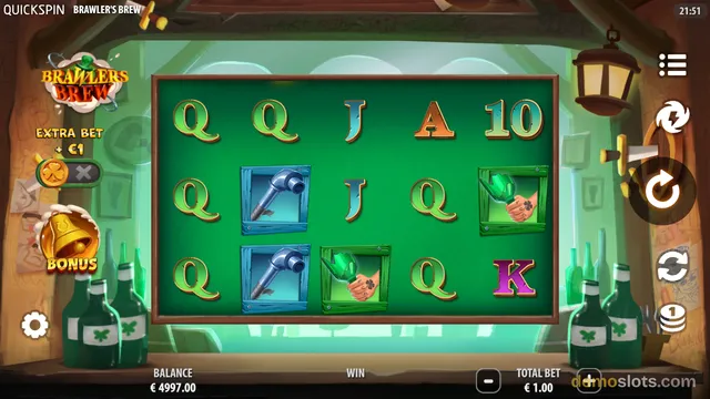 A 5x3 green slot grid showing a settled spin with letters and bottle symbols, set in a tavern scene with a lantern and bottles.