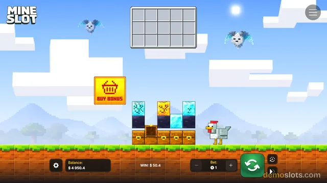 A pixel-art slot game screen featuring a Minecraft-style landscape with a central grid of blocks, a chicken, and floating pixelated birds.