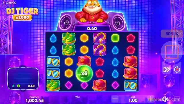 A brightly lit 5x4 slot game grid displaying various symbols including a DJ tiger, sneakers, and sunglasses against a neon purple club background.