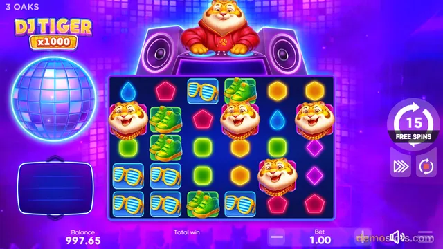 A slot machine game grid showing a 6x4 layout with cartoon tiger, sneaker, and sunglasses symbols against a purple club-themed background.