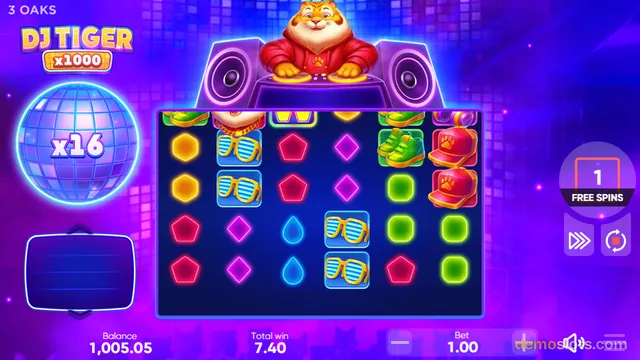 A 5x4 slot grid showing various symbols including sunglasses, pentagons, and a disco ball multiplier on a purple club-themed background.