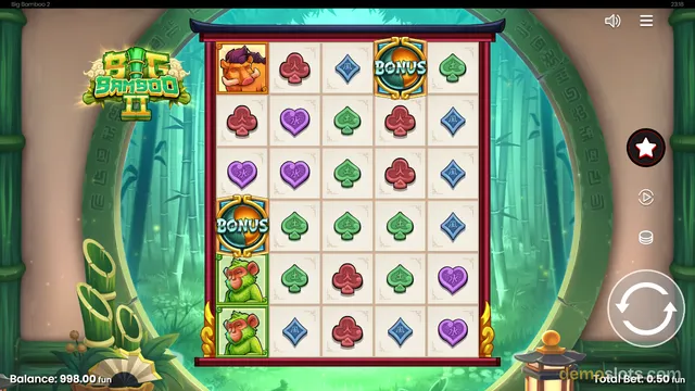 A 5x5 grid of slot symbols including playing cards, animal faces, and bonus icons is displayed against a bamboo forest background.