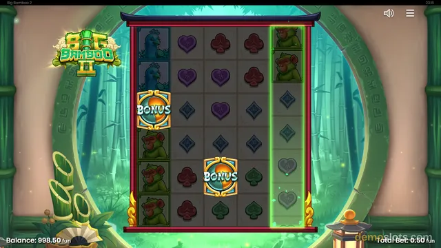 A 5x6 slot game grid displays a settled result with a 'BONUS' symbol in the left column and a green highlight on the rightmost column of monkey symbols.